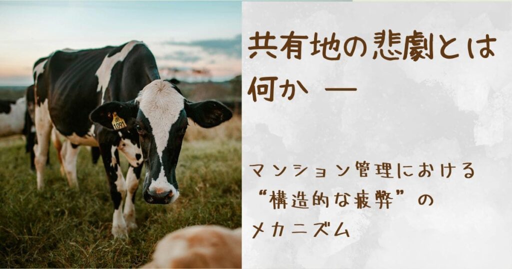 牧場で黒白の牛が草地に立っている写真。背景に複数の牛が見える。右側に『共有地の悲劇とは何か ― マンション管理における構造的な疲弊のメカニズム』という日本語の見出しが配置されている。